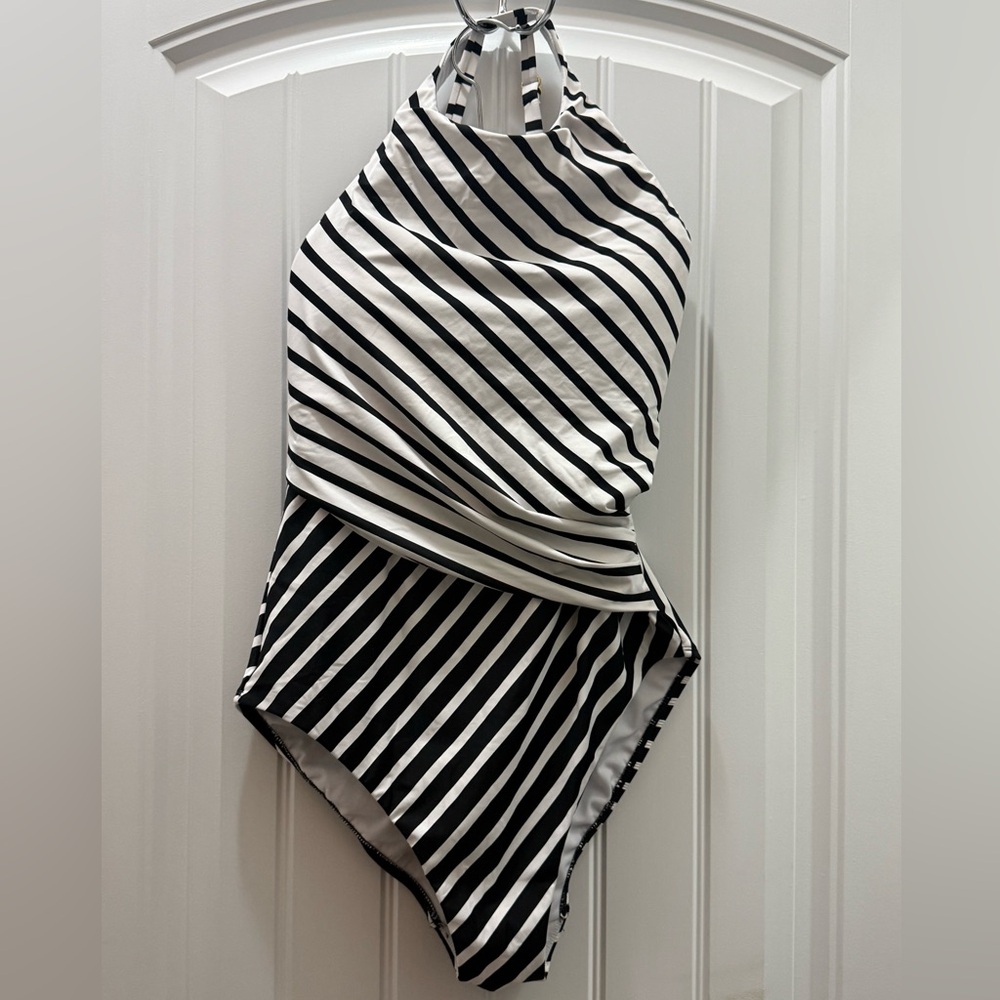 Ralph Lauren Sz 12 Black and White Striped Halter Swimsuit with Gold Detail